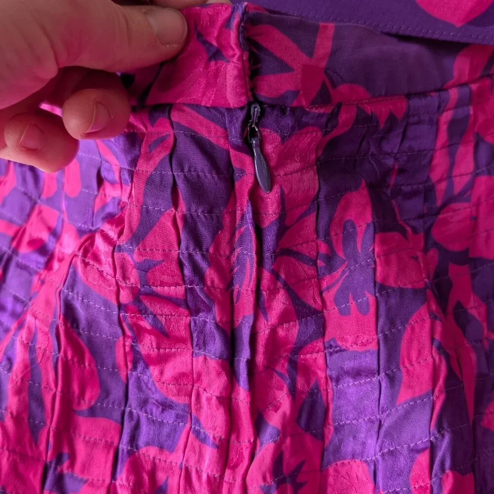 Vintage 80s Silk Raul Blanco Pink Purple Long Sleeve Midi Skirt Matching Set